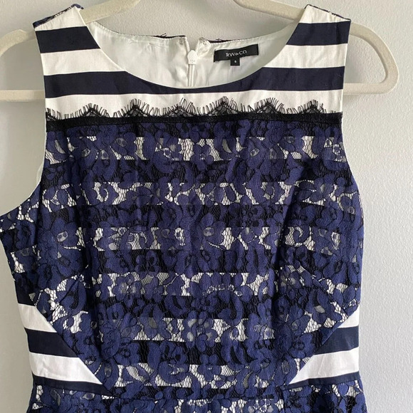 NWT RW&Co Cotton Blend Nautical Lace Striped Navy & White Cocktail Dress Size 6 - Picture 4 of 12